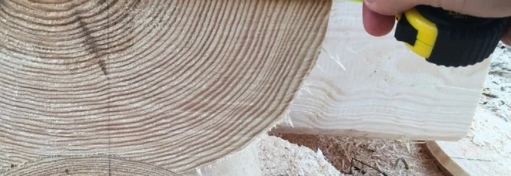 Person misst den Durchmesser eines Baumstamms mit einem Maßband.